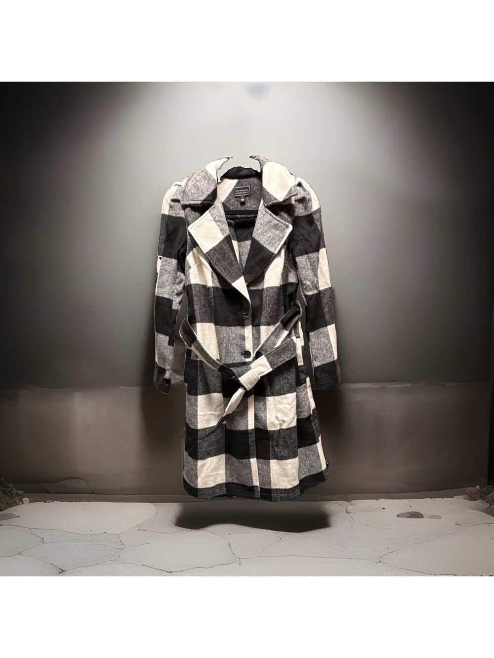 G By Giuliana Women's S Black White Plaid Belted Long Wool Blend Overcoat size S